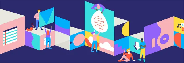 Dropmark hero illustration — people arranging modular content panels
