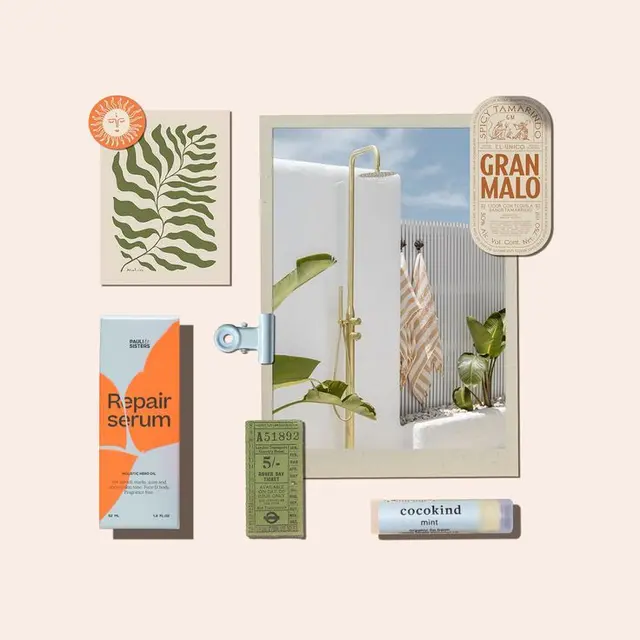 Flat-lay collage: brass outdoor shower photo with Repair Serum and Cocokind mint