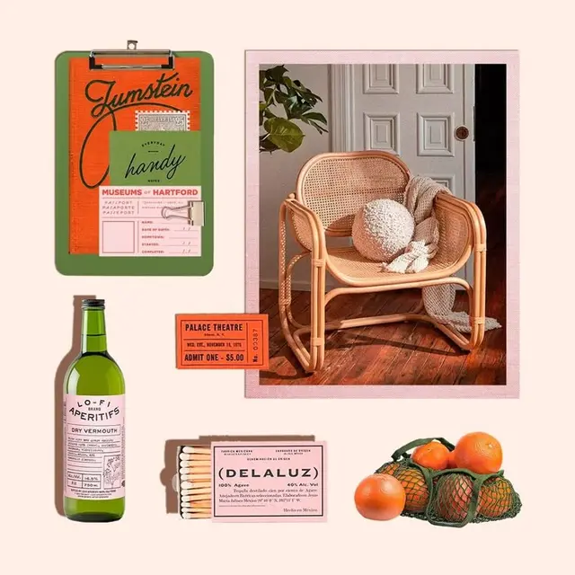 Moodboard: rattan armchair, vermouth bottle and vintage ephemera