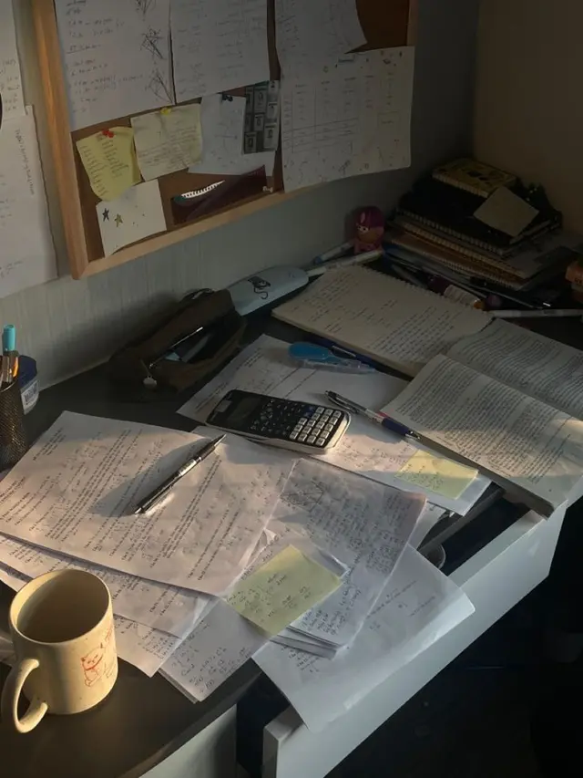 Cluttered study desk with math notes, calculator and mug