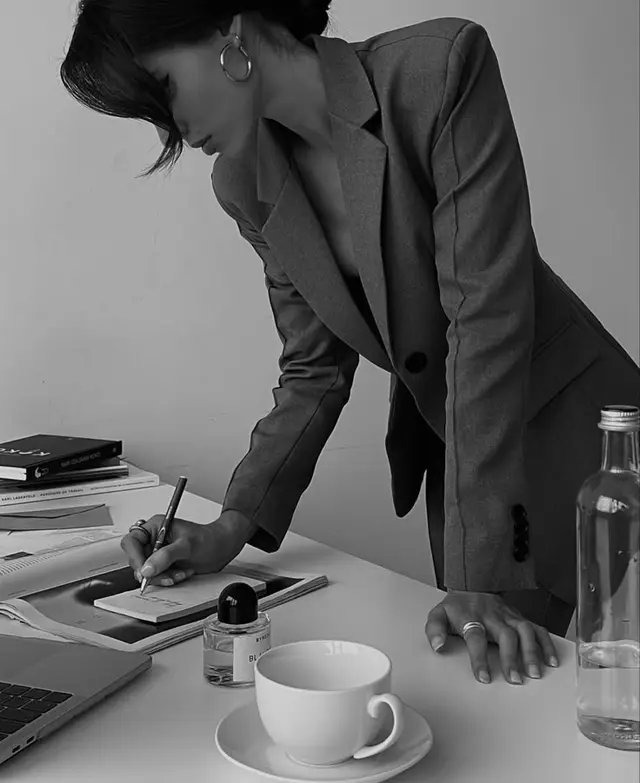 Monochrome Editorial — Tailored Blazer at Workspace