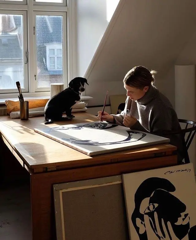 Artist painting monochrome face in sunlit attic studio with dog