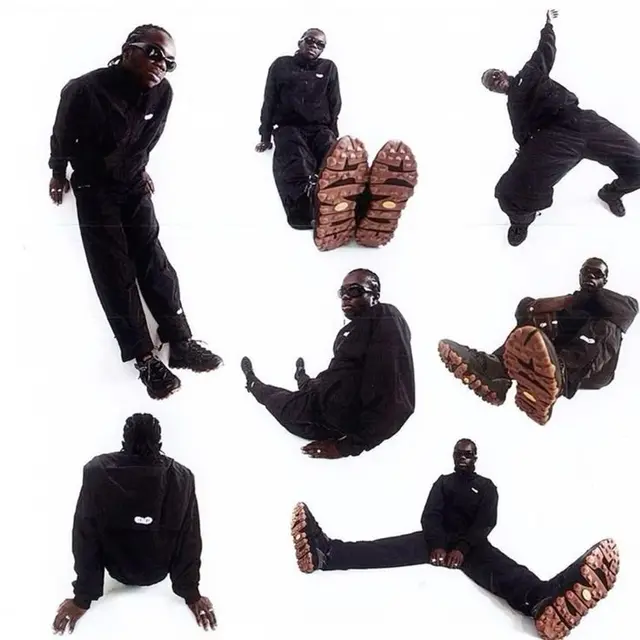 Studio collage — man in black tracksuit and sunglasses, gum-soled sneakers