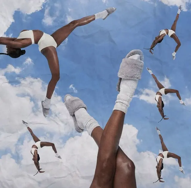 Cloudscape Collage — Fuzzy Gray Slides, Socks and Floating Poses