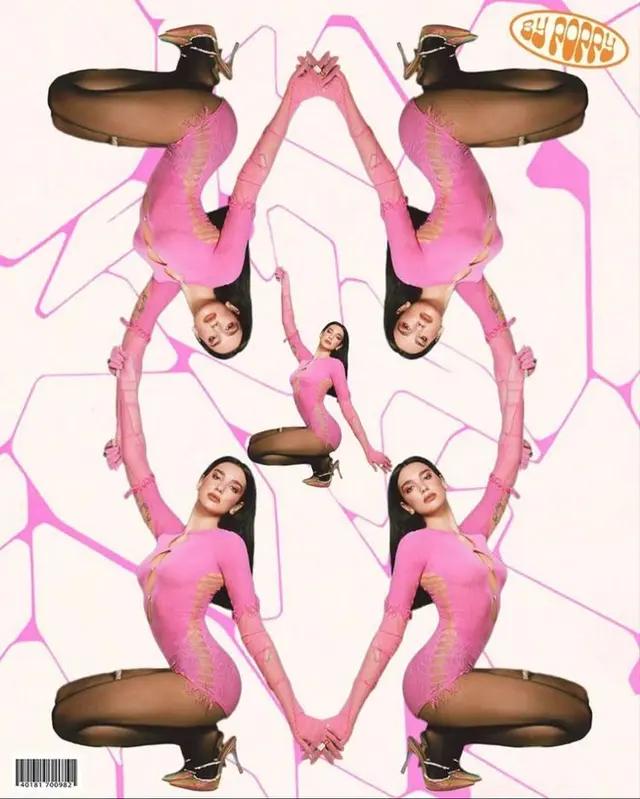 Symmetrical pink fashion collage with mirrored poses and 'BY HAPPY' badge