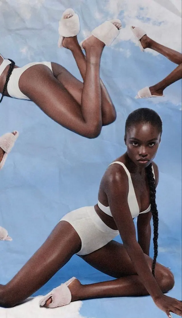 Fashion editorial collage — model in white bralette and high-waisted briefs with pink faux