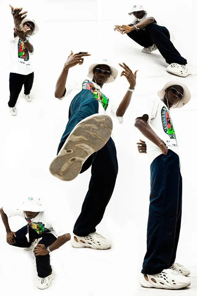 Streetwear collage: bucket hat, graphic tee and foam-style sneakers