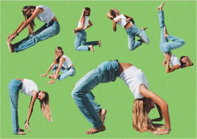 Cutout photomontage of woman in denim performing gymnastic poses on lime-green background