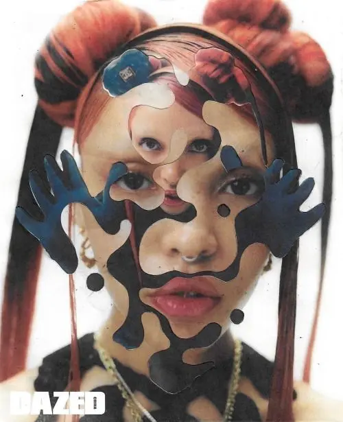 DAZED-style photomontage — red double-bun portrait with organic cutout overlays