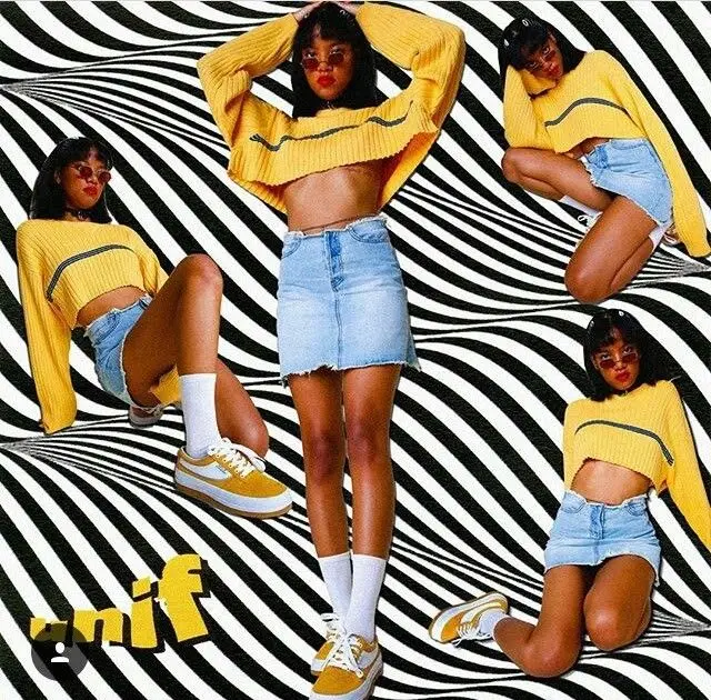 Yellow cropped sweater and denim mini skirt fashion collage over black-and-white op-art ("