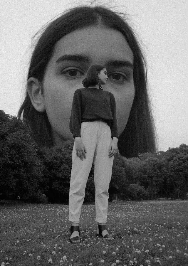 Black-and-White Double-Exposure Portrait — Full-Body Figure in Clover Field with Oversized
