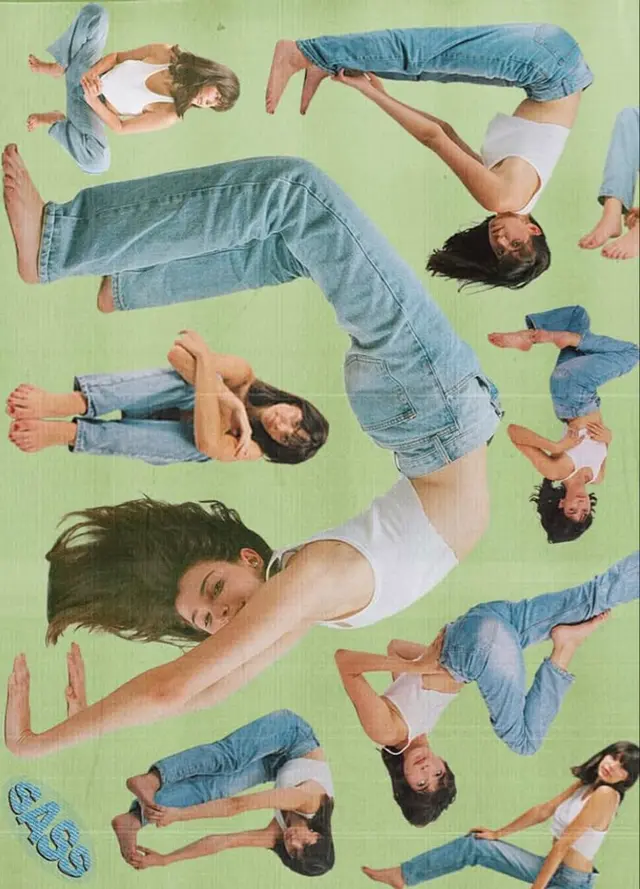Retro collage of a model in white tank and blue jeans on mint background