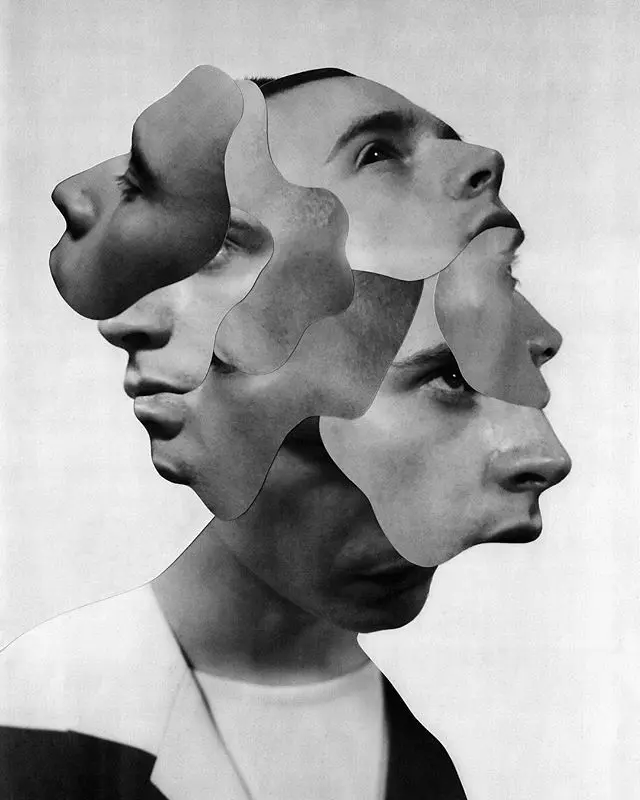 Layered photomontage of overlapping profile portraits — black-and-white surreal head