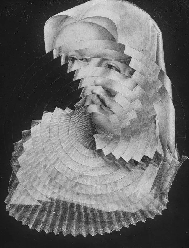Concentric-Sliced Veiled Portrait with Ruffled Collar