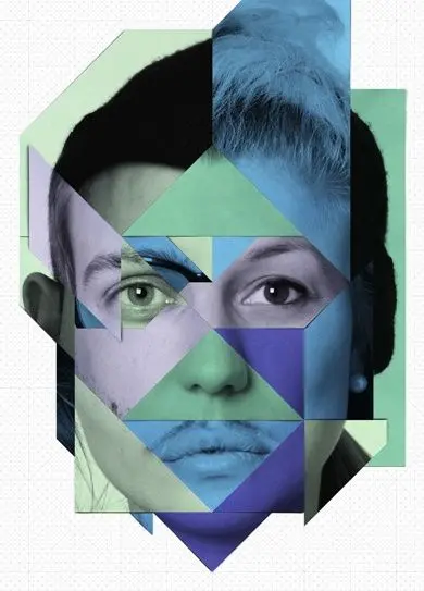 Geometric photomontage: split-face collage in mint, teal and indigo