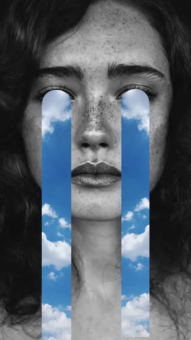 Black-and-White Freckled Portrait with Sky 'Tears' Collage