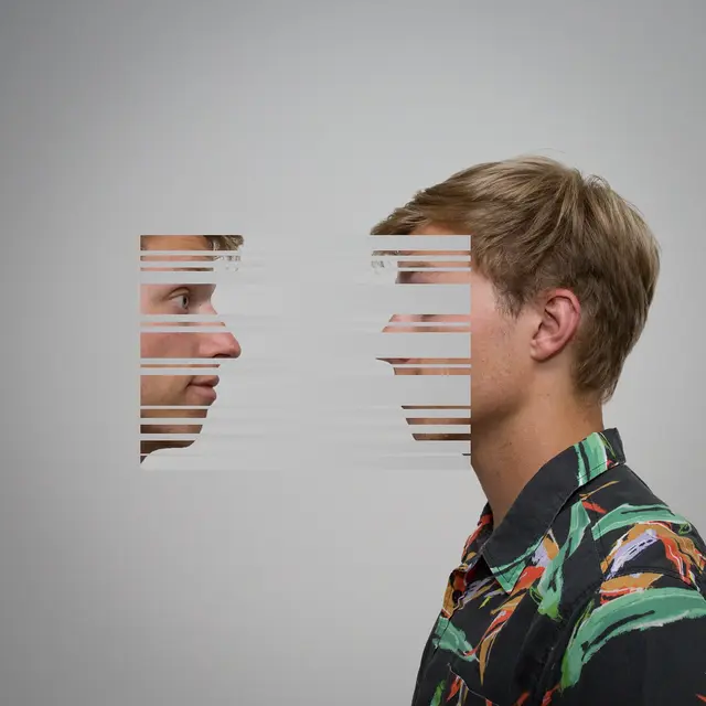 Fragments — horizontal-slit mirrored profile portrait (Landon Momberg)