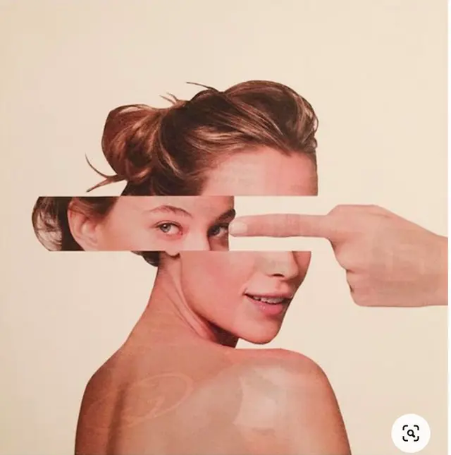 Fragmented Portrait Collage — Woman with Finger Across Eyes
