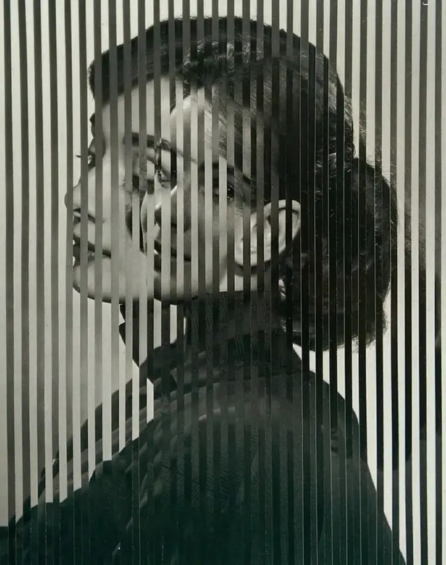 Monochrome profile portrait behind vertical striped glass — optical striping effect