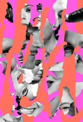 Fragmented Portrait Collage — Black-and-White Faces on Magenta & Coral
