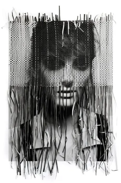 Jennifer Berning — Black-and-White Paper Weaving Over Portrait (photo: Michelangelo di Bat