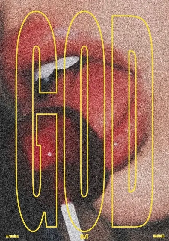 GOD typography over close-up glossy lips and lollipop — halftone poster