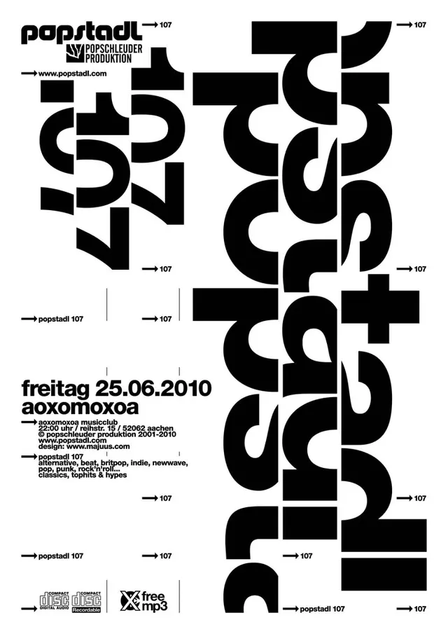 Popstadl 107 — black & white typographic event poster (Freitag 25.06.2010)