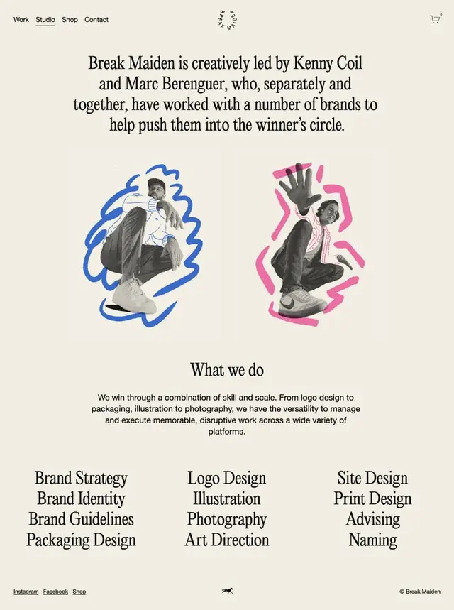 Break Maiden — studio homepage with collaged portraits and services list