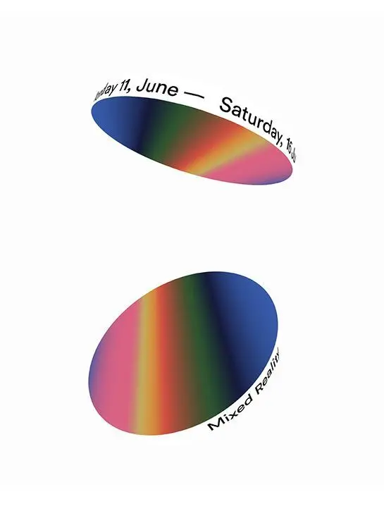 Minimalist poster with two tilted rainbow-gradient ellipses and curved text