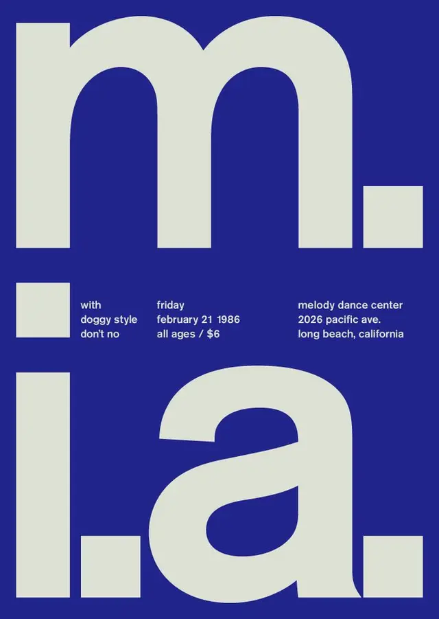 M. / LA. oversized-typography concert poster — Melody Dance Center, Long Beach (Feb 21, 1
