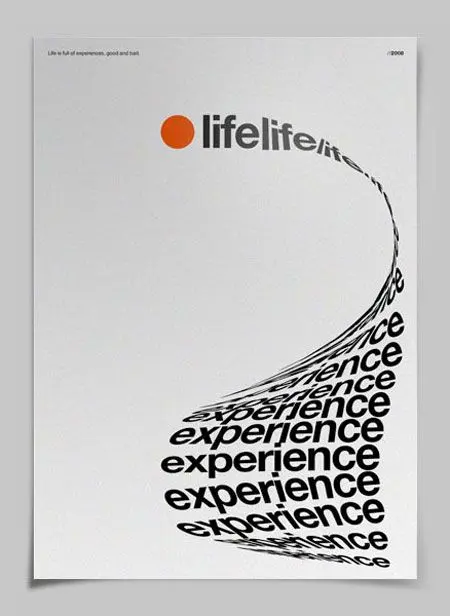 Minimalist typographic poster — orange dot and warped 'experience' cascade