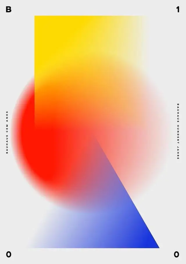 Bauhaus 100 Poster — Yellow Square, Red Circle, Blue Triangle (Gradient)