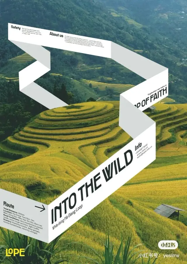 Into the Wild — Ha Giang Loop travel poster with ribbon typography