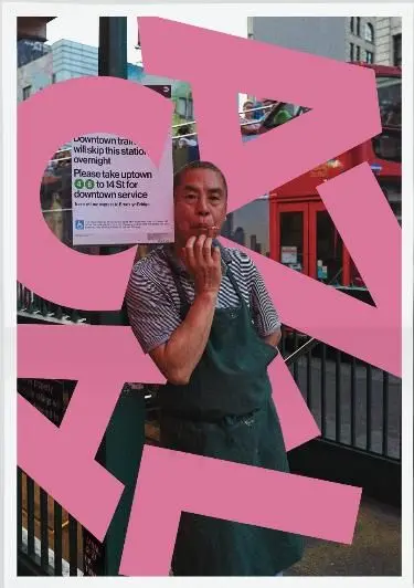 Street vendor at subway entrance with bold pink typographic overlay