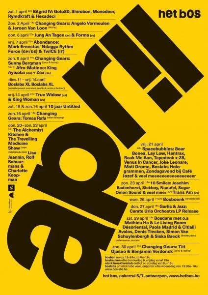 Het Bos festival poster — yellow & black typographic lineup (Antwerpen)