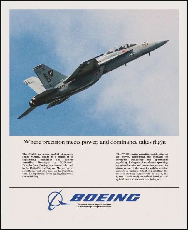 Boeing print ad — F/A-18 fighter jet with headline 'Where precision meets power, and domi