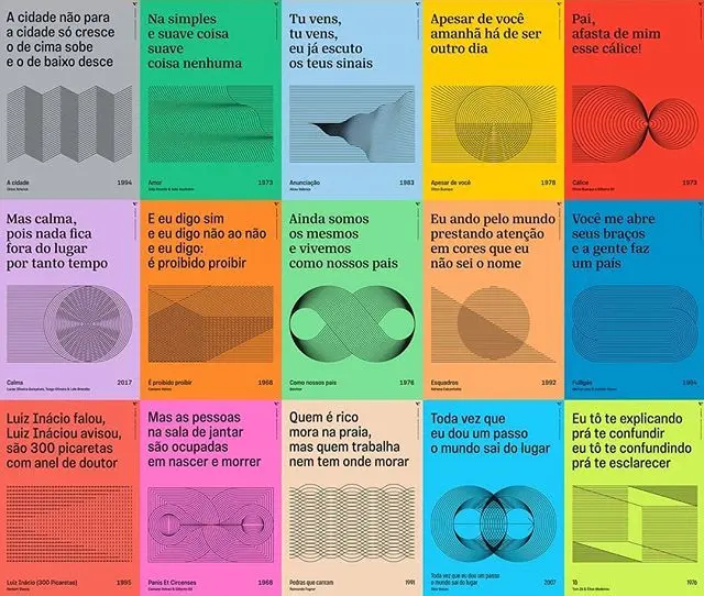 Grid of 15 colorful Portuguese lyric posters with geometric line art