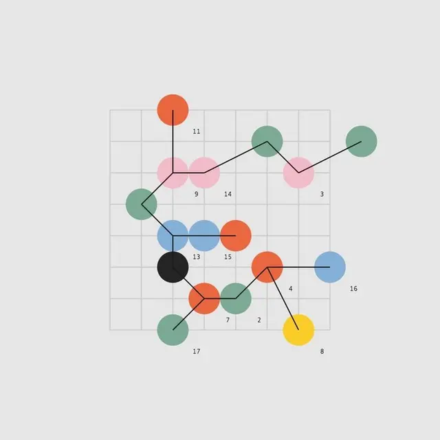Minimalist node-link infographic with colored circular nodes