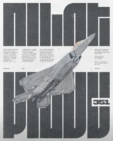 Grayscale stealth fighter over oversized modular typography with boxed "351"