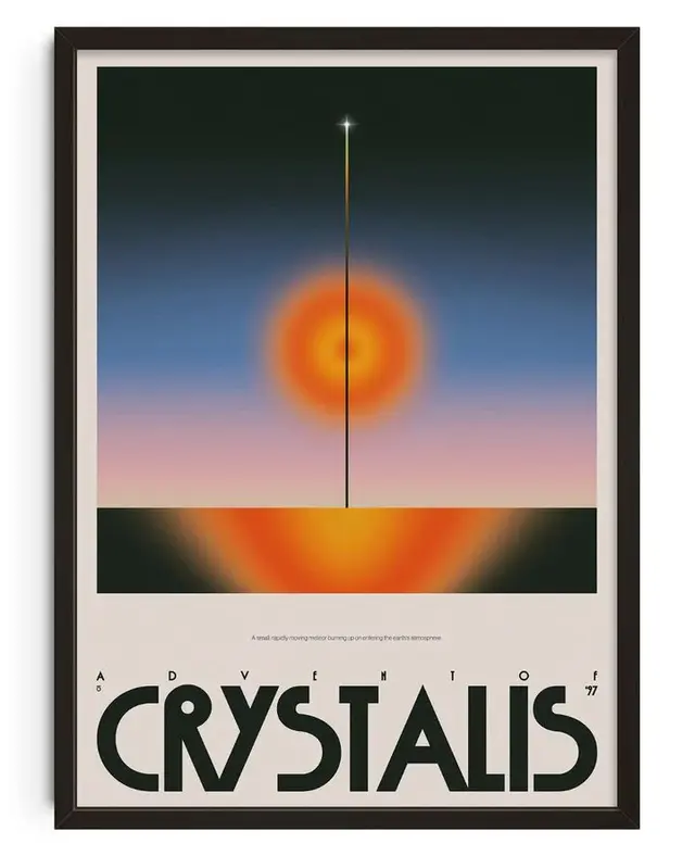 CRYSTALIS — retro‑futurist poster with sunburst and vertical beam