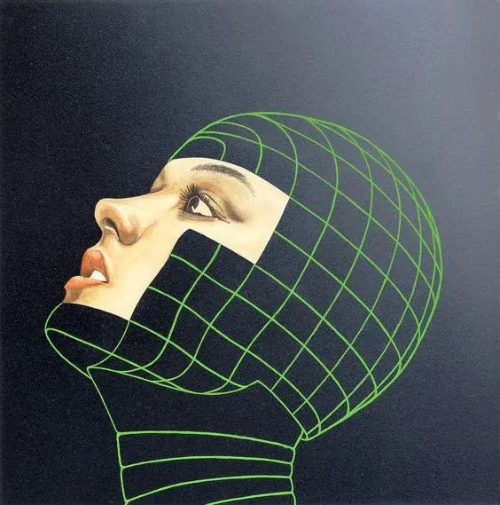 Woman's Profile in Neon Green Grid Helmet