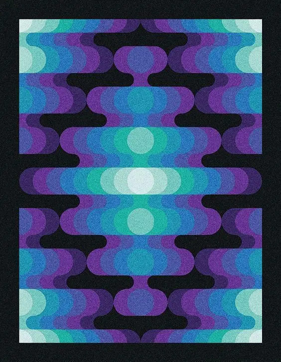 Symmetrical Retro Op-Art Poster in Teal, Cyan and Violet