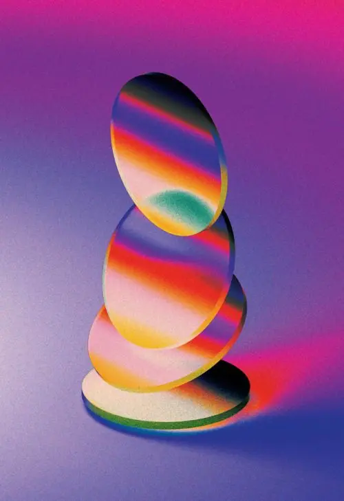 Stacked Rainbow-Banded Discs on Magenta Gradient