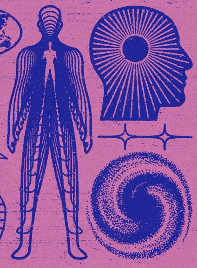 Pink & Indigo Psychedelic Anatomy Poster — Stylized Human, Radiant Head, Spiral Galaxy
