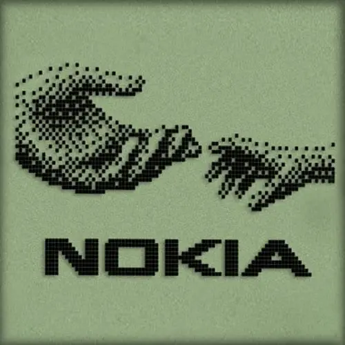 NOKIA pixel-art hands logo on sage-green background