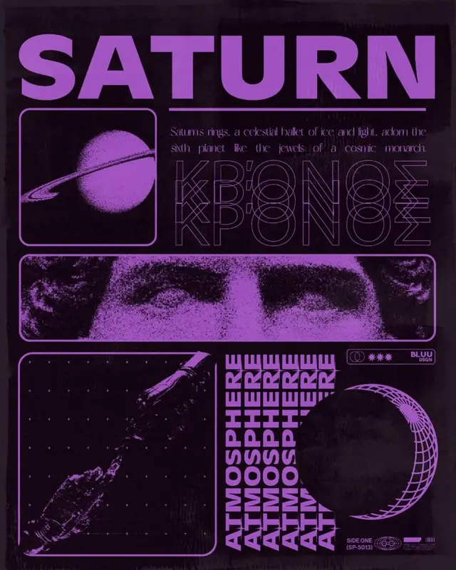 SATURN — purple retro-futurist poster with halftone portrait