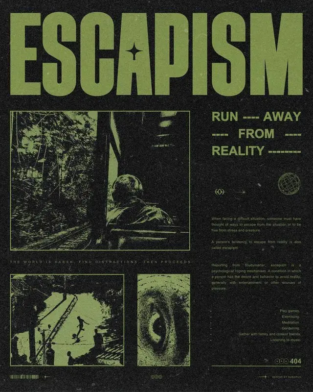 ESCAPISM — duotone collage poster with train window and eye