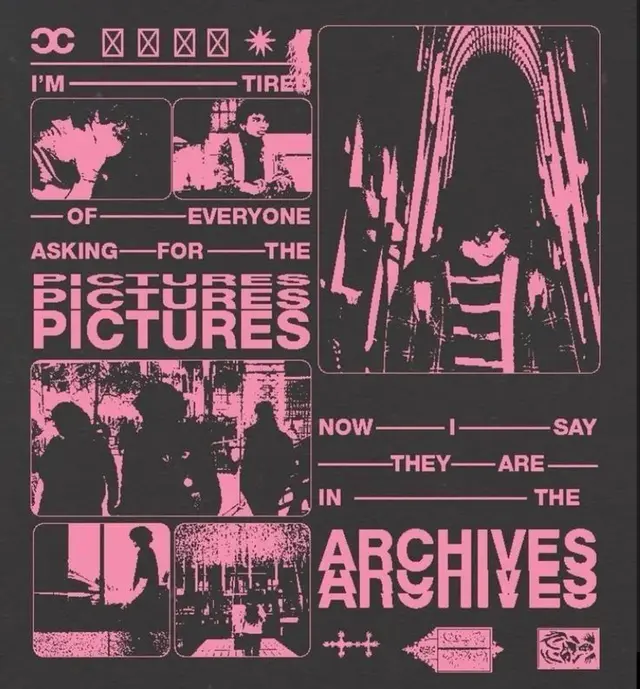 Pink-on-black DIY poster: 'PICTURES' grid and 'ARCHIVES' headline