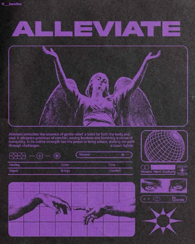 ALLEVIATE — purple halftone wellness poster with angel statue and UI panels