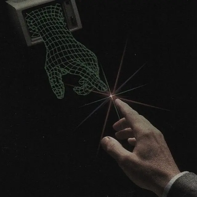CRT Wireframe Hand Reaching Human Finger — Neon Starburst Connection
